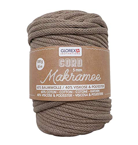 GLOREX 5 1006 13 - Makramee Cord 5 mm, superweiches Textilgarn aus 60 % Baumwolle / 40 % Viskose, zum Häkeln, Stricken, Knüpfen und textilen Gestalten, 500 g, ca. 85 m, gewebt hellbraun von GLOREX