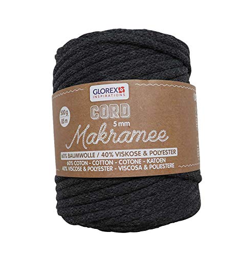 GLOREX 5 1006 14 - Makramee Cord 5 mm, superweiches Textilgarn aus 60 % Baumwolle / 40 % Viskose, zum Häkeln, Stricken, Knüpfen und textilen Gestalten, 500 g, ca. 85 m, gewebt anthrazit von GLOREX