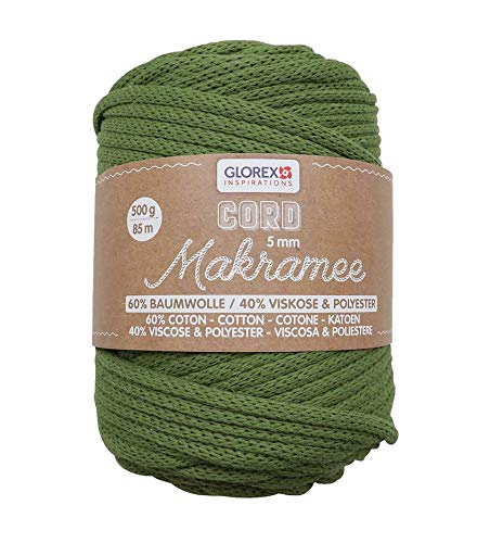 GLOREX 5 1006 15 - Makramee Cord 5 mm, superweiches Textilgarn aus 60 % Baumwolle / 40 % Viskose, zum Häkeln, Stricken, Knüpfen und textilen Gestalten, 500 g, ca. 85 m, gewebt oliv von GLOREX