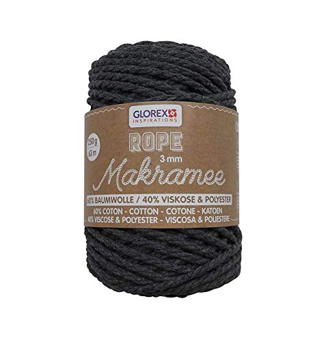 GLOREX 5 1007 04 - Makramee Rope 3 mm, superweiches Textilgarn aus 60 % Baumwolle / 40 % Viskose, zum Häkeln, Stricken, Knüpfen und textilen Gestalten, 250 g, ca. 63 m, gedreht anthrazit von GLOREX