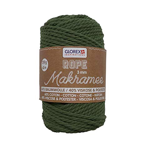 GLOREX 5 1007 05 - Makramee Rope 3 mm, superweiches Textilgarn aus 60 % Baumwolle / 40 % Viskose, zum Häkeln, Stricken, Knüpfen und textilen Gestalten, 250 g, ca. 63 m, gedreht oliv von GLOREX