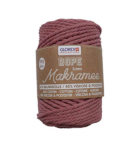 GLOREX 5 1007 06 - Makramee Rope 3 mm, superweiches Textilgarn aus 60 % Baumwolle / 40 % Viskose, zum Häkeln, Stricken, Knüpfen und textilen Gestalten, 250 g, ca. 63 m, gedreht mauve von GLOREX