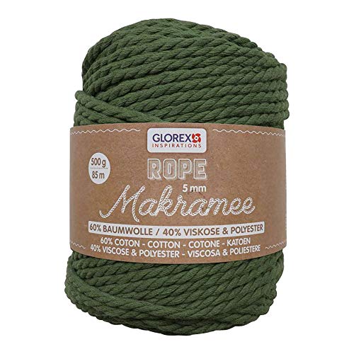 GLOREX 5 1007 15 - Makramee Rope 5 mm, superweiches Textilgarn aus 60 % Baumwolle / 40 % Viskose, zum Häkeln, Stricken, Knüpfen und textilen Gestalten, 500 g, ca. 85 m, gedreht oliv von GLOREX