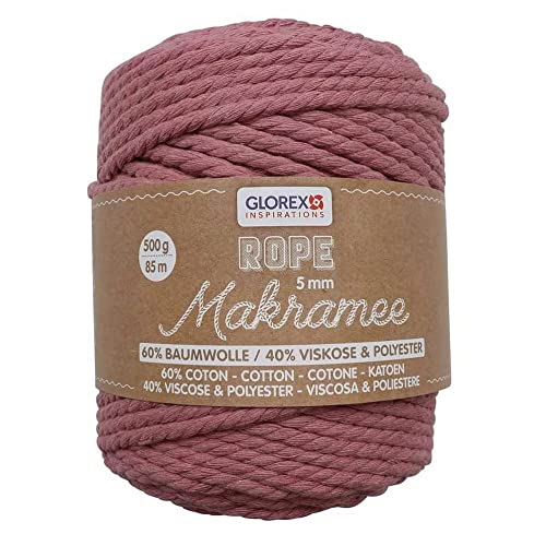 GLOREX 5 1007 16 - Makramee Rope, 500 g, 5 mm, Länge 85 m, mauve, dreifachgedrehtes Baumwollgarn, 60 % Baumwolle, 40 % Viskose und Polyester, zum Häkeln, Stricken, Knüpfen und Gestalten von GLOREX