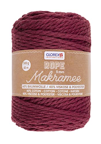 GLOREX 5 1007 18 - Makramee Rope, 500 g, 5 mm, Länge 85 m, bordeaux, dreifachgedrehtes Baumwollgarn, 60 % Baumwolle, 40 % Viskose und Polyester, zum Häkeln, Stricken, Knüpfen und Gestalten von GLOREX