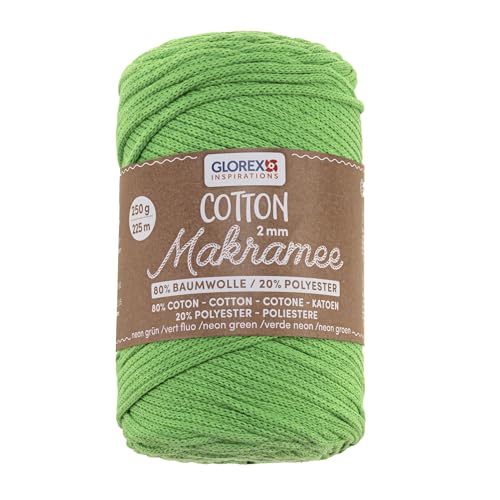 GLOREX 5 1008 37 - Makramee Cotton 2 mm, 250 g, Neon Grün, Länge 225 m, dreifachgedrehtes Baumwollgarn, 100 % Baumwolle, zum Häkeln, Stricken, Knüpfen und Gestalten von GLOREX