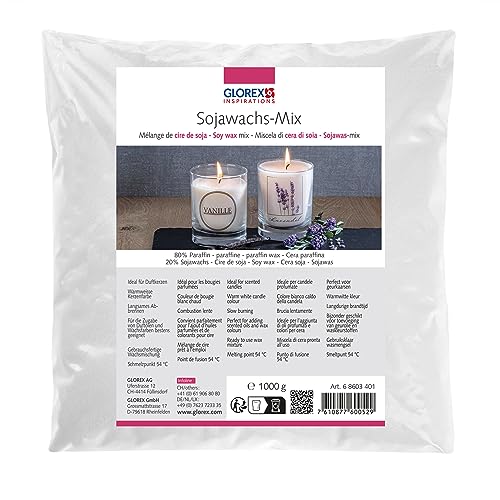 GLOREX 6 8603 401 - Sojawachs-Mix, 1000 g, gebrauchsfertige Wachsmischung, brennt warm weiß, gute Brennqualität, Schmelzpunkt 54°C, zur Kerzenherstellung von GLOREX