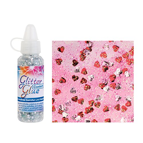 GLOREX Glitterglue Flasche 53ml Confetti, Glitter, Herzen Rot/Silber, 2,5 x 2,5 x 10,8 cm von GLOREX