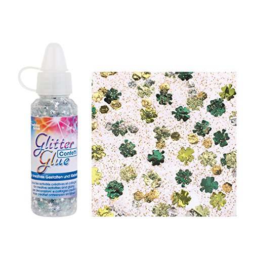 GLOREX Glitterglue Flasche 53ml Confetti, Glitter, Kleeblatt Grün/Gelb, 2,5 x 2,5 x 10,8 cm von GLOREX