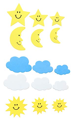 Glorex 6 2247 704 - Moosgummi Sticker Sonne, Mond und Wolken, selbstklebend, 52 Stück, sortiert in 5 Motiven in unterschiedlichen Größen, ideal zum Verzieren von Grußkarten, für Scrapbooking, usw. von GLOREX