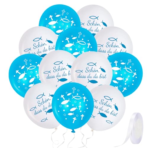 24 Stück Kommunion Luftballons Konfirmation, Schön Dass Du Da Bist Latexballon, Mit Fische Kreuz Muster, Erstkommunion Firmung Taufe Deko, Junge Jungen und Mädchen Kommunion Konfirmation Deko von GLQSLQ