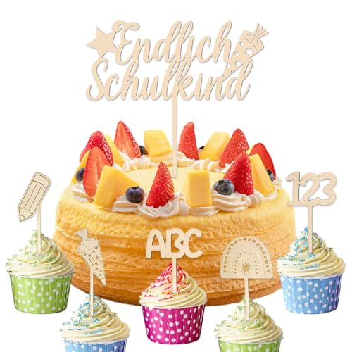 6 Stücke Tortendeko Einschulung, Holz Cake Topper, Einschulung Cake Deko, mit Zuckertüte ABC 123 Schulkind Muster Kuchen Deko, Mädchen Junge Einschulung Geschenk von GLQSLQ