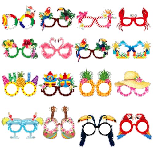 GLQSLQ 16 Stück Hawaiian Brille, Lustige Papier Partybrillen, Fancy Beach Sonnenbrille, Sommerparty Photo Booth Requisiten, für Kinder und Erwachsene Hawaii Party Kostüm Zubehör von GLQSLQ