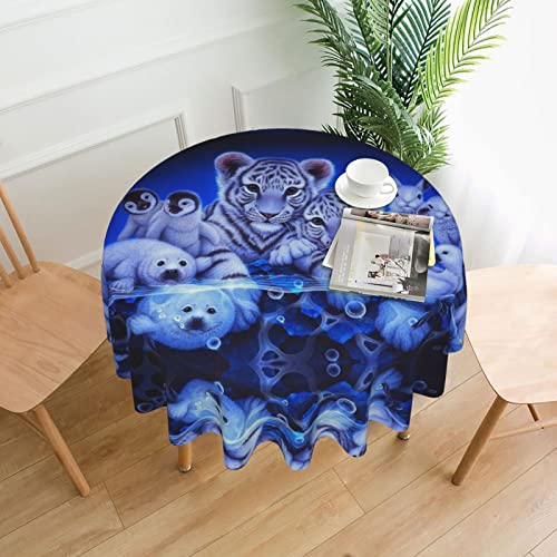 Tischdecke mit Stickerei-Tieren, Tiger-Pinguin, wasserabweisend, auslaufsicher, waschbar, Polyester-Tischdecke, dekorative Stoff-Tischdecke für Esstisch, Buffet-Partys und Camping, 152,4 cm von GLRTORE