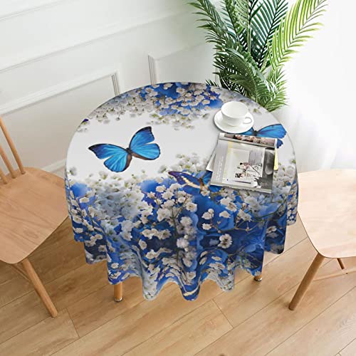 Tischdecke mit blauen Schmetterlingen und weißen Blumen, wasserabweisend, auslaufsicher, waschbar, Polyester-Tischdecke für Esstisch, Buffet-Partys und Camping, 152,4 cm von GLRTORE