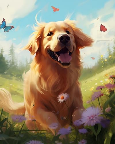 GLTEYACO Erwachsene Kreuzstich Stickpackungen Blume Golden Retriever 11CT Stickvorlagen Stickbilder Zum Vorgedruckt Starter Set FüR Kinder AnfäNger-40X50 cm von GLTEYACO