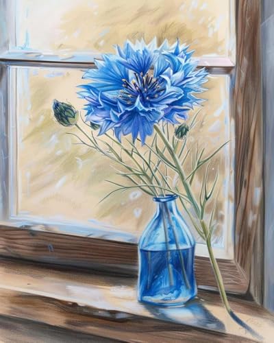 GLTEYACO Kreuzstich Vorgedruckt Set Fensterbank blaue Blumen 11CT Kreuzstich Stickpackungen DIY Stickbilder für Anfänger Home Decor-40x50 cm von GLTEYACO