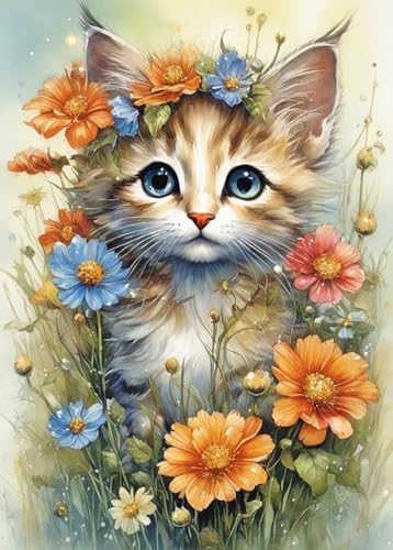 GLXPOG Diamond Painting, Katze und Blume 5D Diamant Painting Bilder Erwachsene Full Drill Diamant Malerei Diamond Painting Stickerei Strass für Wand Heimdecor 30x40cm von GLXPOG