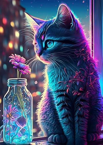 GLXPOG Diamond Painting Dunkel Katze 5D Diamant Painting Bilder Set, Katze Diamant Art Malerei Painting Kit für Erwachsene, DIY Strass Stickerei Malerei Wand Dekor 30x40cm von GLXPOG