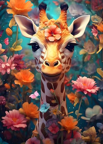 GLXPOG Diamond Painting Giraffe 5D Diamant Painting Bilder Set, Giraffe Blume Diamant Art Malerei Painting Kit für Erwachsene, DIY Strass Stickerei Malerei Wand Dekor 30x40cm von GLXPOG