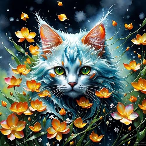 GLXPOG Diamond Painting Katze 5D Diamant Painting Bilder Set, Blume Diamant Art Malerei Painting Kit für Erwachsene, DIY Strass Stickerei Malerei Wand Dekor 30x30cm von GLXPOG