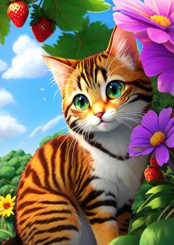 GLXPOG Diamond Painting Katze 5D Diamant Painting Bilder Set, Katze Blume Diamant Art Malerei Painting Kit für Erwachsene, DIY Strass Stickerei Malerei Wand Dekor 30x40cm von GLXPOG