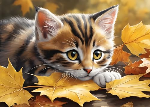 GLXPOG Diamond Painting Tabby-Katze 5D Diamant Painting Bilder Set, Ahornblatt HerbstDiamant Art Malerei Painting Kit für Erwachsene, DIY Strass Stickerei Malerei Wand Dekor 30x40cm von GLXPOG