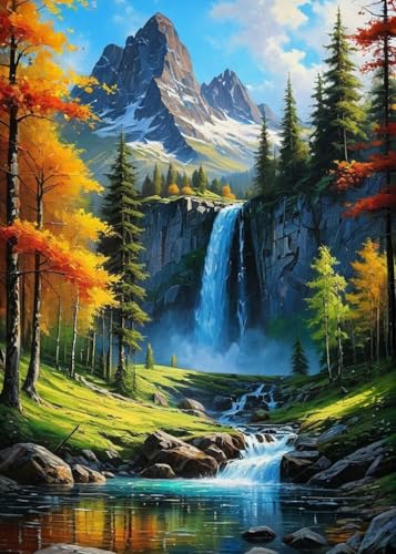 GLXPOG Gebirge Diamond Painting 5D Diamant Painting Bilder Set, Wasserfall Landschaft Diamant Art Malerei Painting Kit für Erwachsene, DIY Strass Stickerei Malerei Wand Dekor 30x40cm von GLXPOG