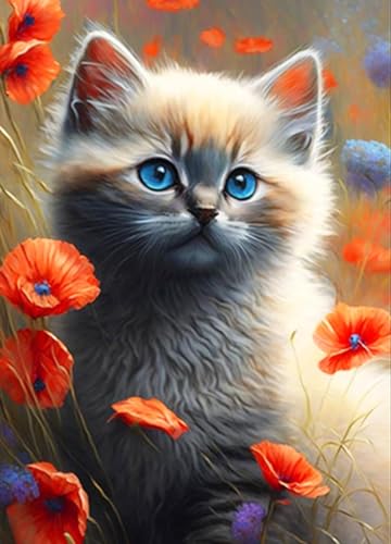 GLXPOG Katze Blume Diamond Painting Erwachsene, 5D Diamant Painting Bilder Erwachsene, DIY Diamanten Malerei Stickerei Set Kreuzstich Handgemachte Geschenke Home Wand Dekor 30x40cm von GLXPOG