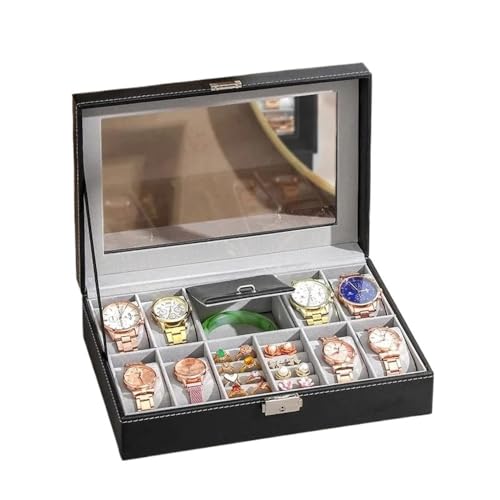 GLigeT Brillenständer Uhrenbox, 8 Schmuckschatullen, Uhrenvitrine, Organizer, Schmuckaufbewahrungsbox, schwarzes PU-Leder mit Spiegel und Schloss Sonnenbrille Rack von GLigeT