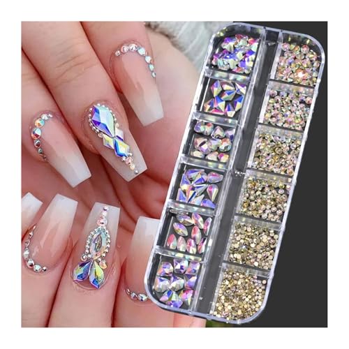 GMGQJST Strasssteine NäGel Grüne Nailart-Strasssteine, luxuriöser Kristall, flach, 3D, gemischte Form, klar/AB-Glitzerdiamant, DIY, 12 Gitter/Box, Maniküre-Glitzerstein(PH140-04) von GMGQJST