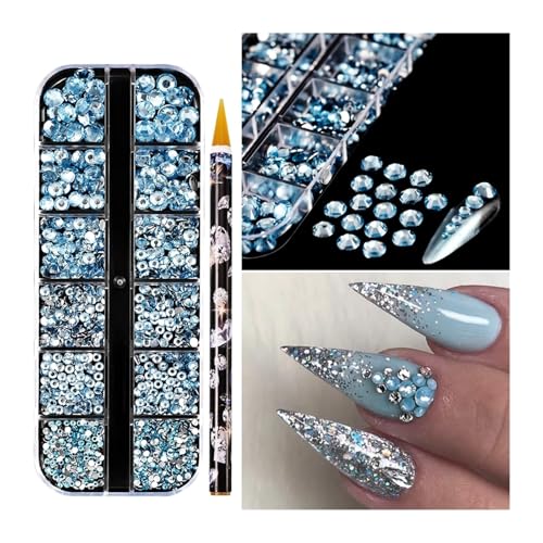 Strasssteine NäGel 12 Gitter Champagnerfarbene Nailart-Strasssteine ​​2–6 mm Flatback Glaskristall-Edelsteine ​​Hotfix-Nageldiamanten 720/1000 Stück Nagel-Charms in verschiedenen Größen(SKY BLUE) von GMGQJST