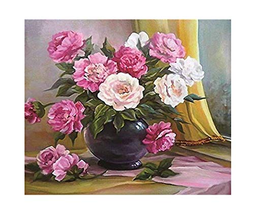 GMMH Diamond Painting Set Bild 40 x 50 Diamant Vollbedeckung Malerei Stickerei Handarbeit Basteln Mosaik Steine Blumen Korb Mohn Mohnblumen Sonnenblumen Haus am Bach Fliefer (Pfingstrosen) von GMMH