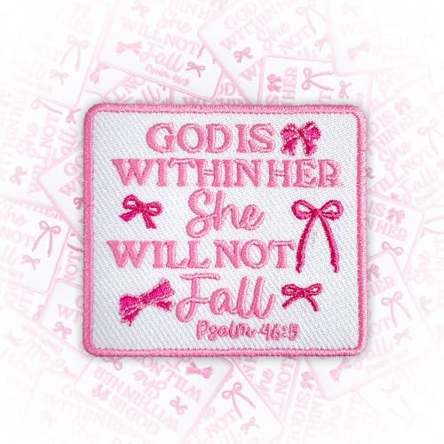 Aufnäher, Motiv: Kokette mit Schleife "God is Within Her She Will Not Fall", 7,6 cm, zum Aufbügeln oder Aufnähen, bestickte Applikation für Trucker, Hüte, Kleidung, Rucksäcke, christlich, religiös, von GNAART