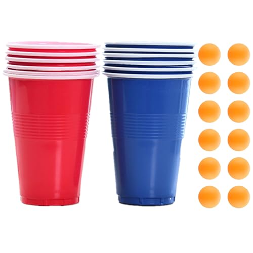 GNAUMORE Bierpong Becher Set,Partybecher,Beer Pong Becher,Partybecher Wiederverwendbar,Partybecher Kunststoff Red Blue Cups,Wiederverwendbare Bierpong,6 Rote Becher+6 Blaue Becher+12 Tischtennisbälle von GNAUMORE