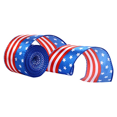 GNGR Patriotisches verdrahtetes Band Stars and Stripes blaues und rotes verdrahtetes Band USA-Flaggen-verdrahtetes Rand-Band für Unabhängigkeitstag 4. Juli-Tag Geschenkpapier Und Silber (C, One Size) von GNGR