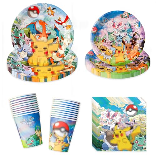 GOACRS Partygeschirr Set, 80 Stück Cartoon Anime Pappgeschirr mit Pappteller Pappbecher Servietten, Bunte Papier Teller und Becher, Kinder Geburtstag Party Geschirr Tischdeko Zubehör für 20 Gäste von GOACRS