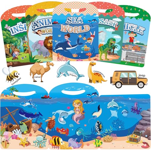 Wiederverwendbares Stickerbuch-Set für Kinder – 3D-Stickerbuch für Kleinkinder von 1–5 Jahren, ideal für Jungen und Mädchen – enthält Tiere, Insekten, Fahrzeuge, Ozeane und Dinosaurier (5er-Set) von GOBRILLFUN