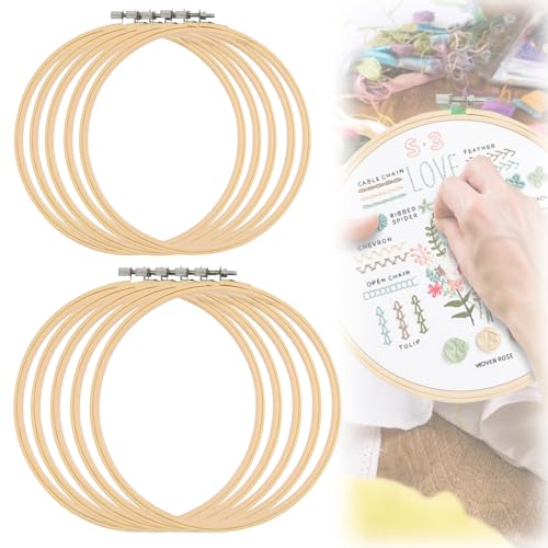 GOEDCH 10 Stück Bambus Stickrahmen: Bambus Kreis Stickerei Kreuzstich, Bambus Embroidery Hoop Set, Kreuzstich Hoop Ringe Einstellbar, Durchmesser 20, 23 cm, für Kreuzstichhandwerk, Handnähen von GOEDCH