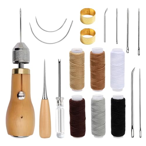 GOEDCH 19Stück Leder Nähset: Leder Werkzeuge Set, Lederhandwerk Ledernähset, Leder DIY Werkzeuge, Hochleistungs-Nähset mit Nähnadeln, Leder Carft Punch Tools Kit für Lederpolster Reparatur, Handnähen von GOEDCH