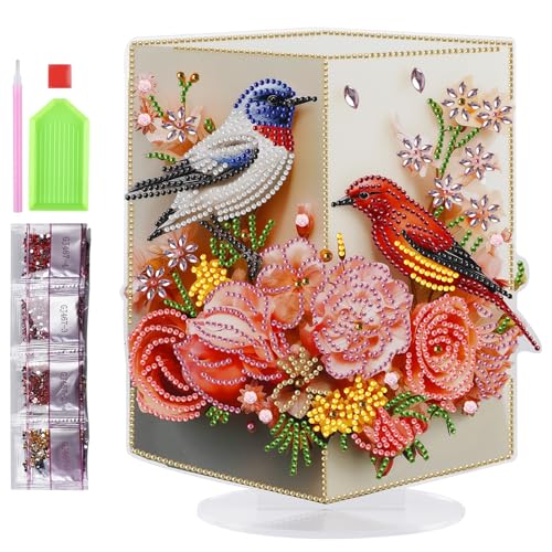 GOEDCH Diamant Malerei Kunst Set: 5D Diamant Painting Vase mit Blumen und Vögeln Ornamente, DIY Diamond Painting Tiere Deko, Diamant Malerei Stehend Kunst Set für AnfäNger, Hausgeschenk, Familie Deko von GOEDCH