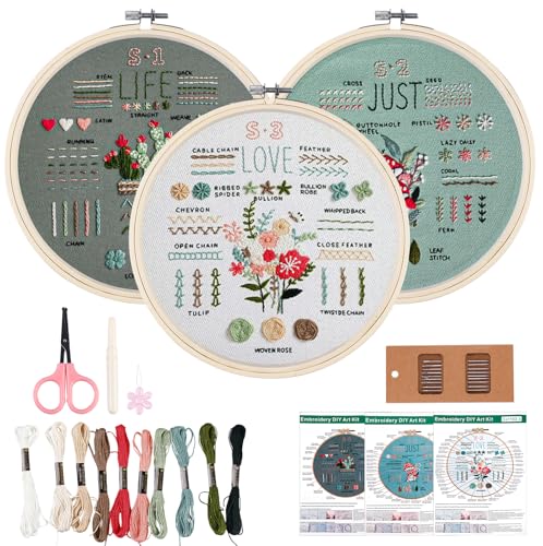 GOEDCH Embroidery Kit: 3 Set Anfänger Stickset, Handstickset für Erwachsene, DIY Art Stickset, Blumenmuster Pflanzen Stickset, Kreuzstich Set mit Werkzeuge für Erwachsene, Bastelliebhaber von GOEDCH