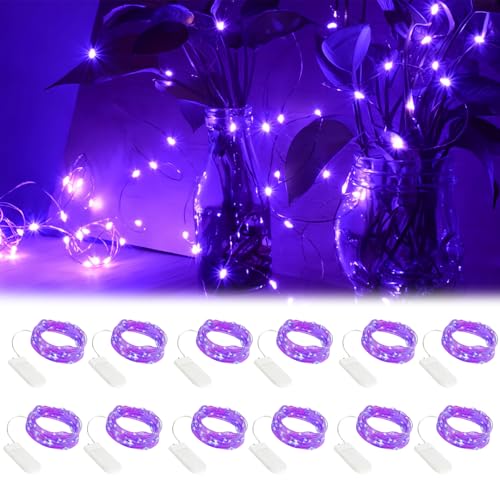 GOEDCH LED Lichterkette: 12 Stück 2M 20LED Lila UV Lichterkette Lila Kupferdraht, Mini Lichterketten, Batteriebetrieben LED Lichterkette, LED Lichterkette Batterie für Party, Weihnachten, Hochzeit von GOEDCH