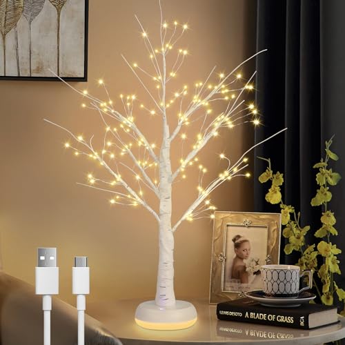 GOESWELL LED beleuchteter Tisch-Birkenbaum mit beleuchtbarem Sockel, Typ-c betriebene Baumlampe, Indoor künstlicher Baum für Hochzeit Urlaub Haus Weihnachtsdekoration (Birkenbaum) von GOESWELL