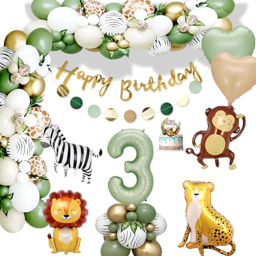 Ddeko 3. Geburtstag Junge Mädchen,Geburtstagsdeko 3 jahr,Grüne 3.Geburtstag,Dschungel Geburtstagsdeko 3 Jahr,Kindergeburtstag Deko 3 Jahr mit Safari Luftballons 3. Geburtstag für Deko 3. Geburtstag von GOEUYKM