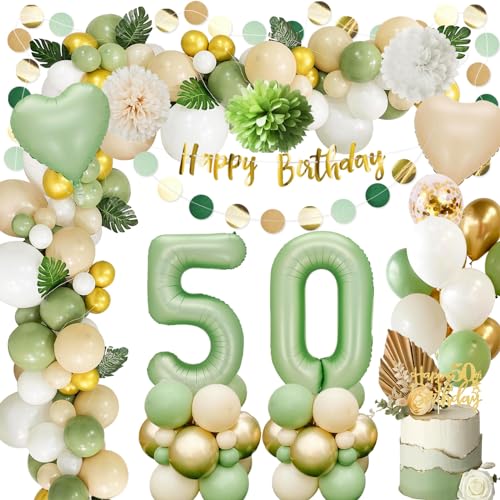 Deko 50.geburtstag Frau,50.Geburtstag Männer Frauen,Luftballon 50.Geburtstag Grün Gold,Geburtstag 50 Deko,Geburtstagsdeko 50 mit Happy Birthday Banner,Papier Pompom für 50.Geburtstag Dekorationen von GOEUYKM