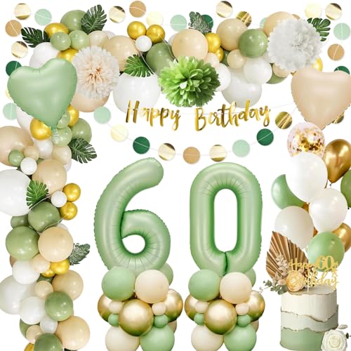 Deko 60.geburtstag Frau,60.Geburtstag Männer Frauen,Luftballon 60.Geburtstag Grün Gold,Geburtstag 60 Deko,Geburtstagsdeko 60 mit Happy Birthday Banner,Papier Pompom für 60.Geburtstag Dekorationen von GOEUYKM