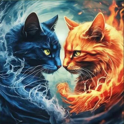 GOGHSCEK Diamond Painting Bilder Katze, 5D Diamond Painting Diamant Painting Bilder Erwachsene Tiere, DIY Diamant Malerei Bilder Erwachsene Set Die Katze aus Eis und Feuer 30x30cm für Dekoration von GOGHSCEK