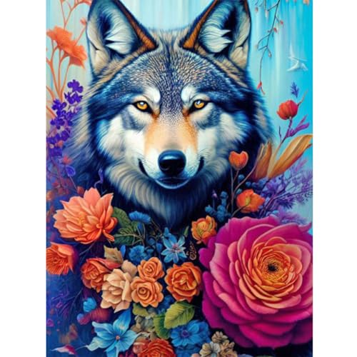 GOGHSCEK Diamond Painting Bilder Wolf, 5D Diamond Painting Diamant Painting Bilder Erwachsene Tiere, DIY Diamant Malerei Bilder Erwachsene Set 30x40cm Wolf und Blumen für Dekoration von GOGHSCEK