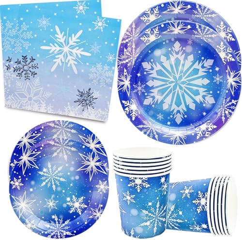 Serve25 Partyzubehör mit Schneeflocken-Motiv, Winter-Schneeflocken-Party-Set, 22,9 cm und 17,8 cm, Winter-Schneeflocke, gefrorene Pappteller, Schneeflocken, Servietten, Becher für Winterwunderland, von GOGUOGOFA